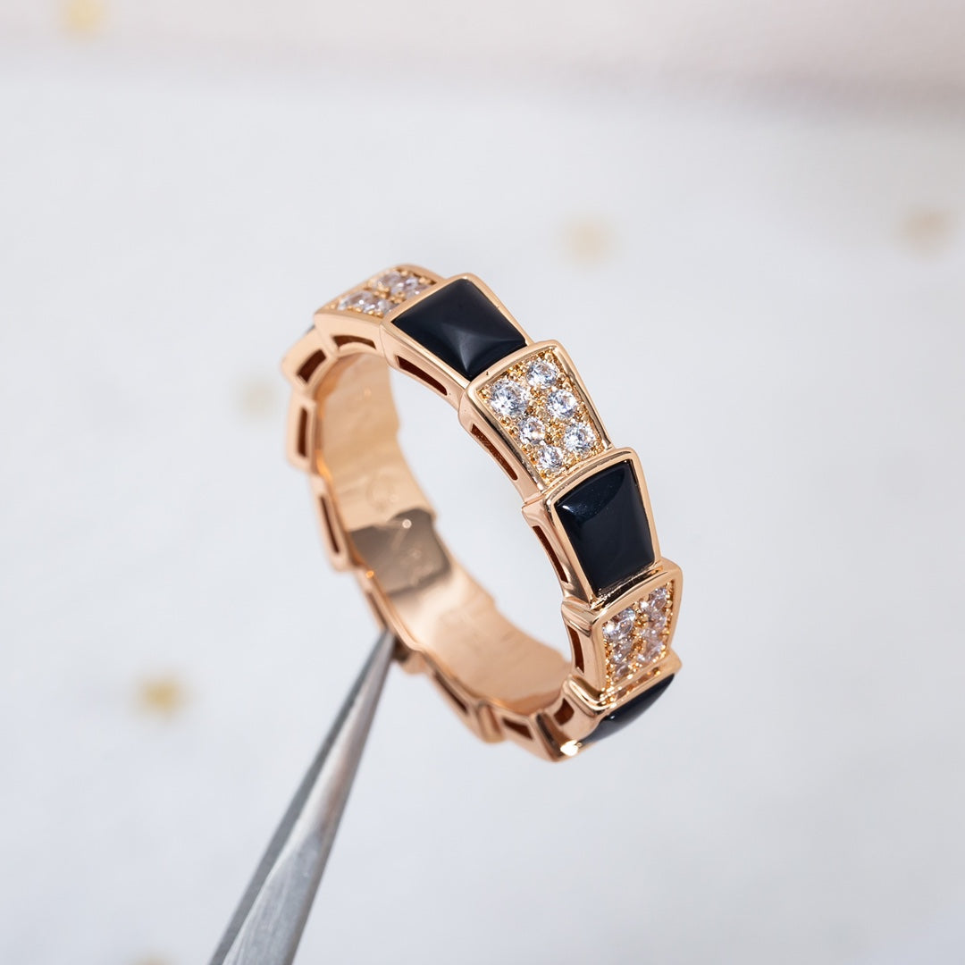 [⭐Shinejoy]SERPENTI RING PINK GOLD BLACK MOP DIAMOND PAVED 4MM