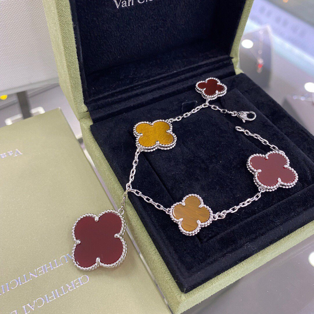 [⭐Shinejoy]CLOVER 5 MOTIFS SIVLER CARNELIAN TIGER EYE BRACELET
