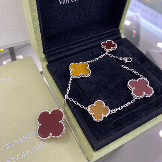 [⭐Shinejoy]CLOVER 5 MOTIFS SIVLER CARNELIAN TIGER EYE BRACELET