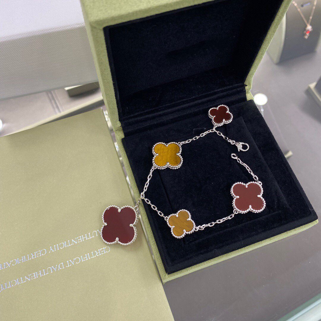 [⭐Shinejoy]CLOVER 5 MOTIFS SIVLER CARNELIAN TIGER EYE BRACELET