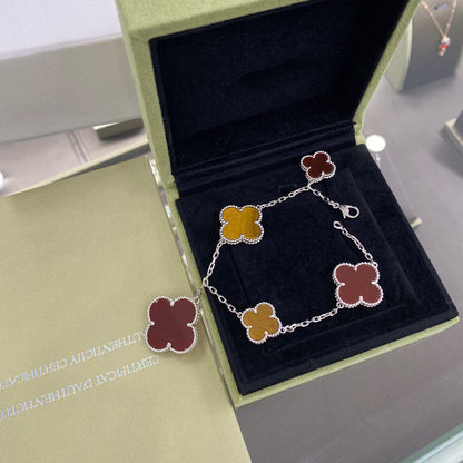[⭐Shinejoy]CLOVER 5 MOTIFS SIVLER CARNELIAN TIGER EYE BRACELET