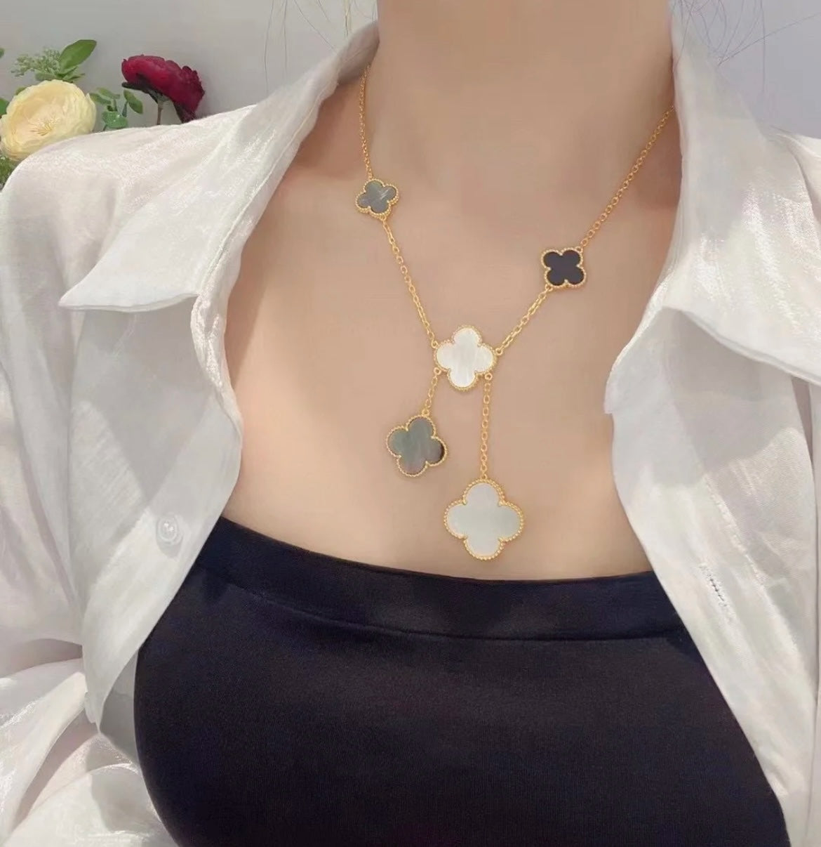 [⭐Shinejoy]CLOVER 6 MOTIF MOP ONYX GOLD NECKLACE