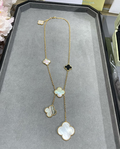 [⭐Shinejoy]CLOVER 6 MOTIF MOP ONYX GOLD NECKLACE