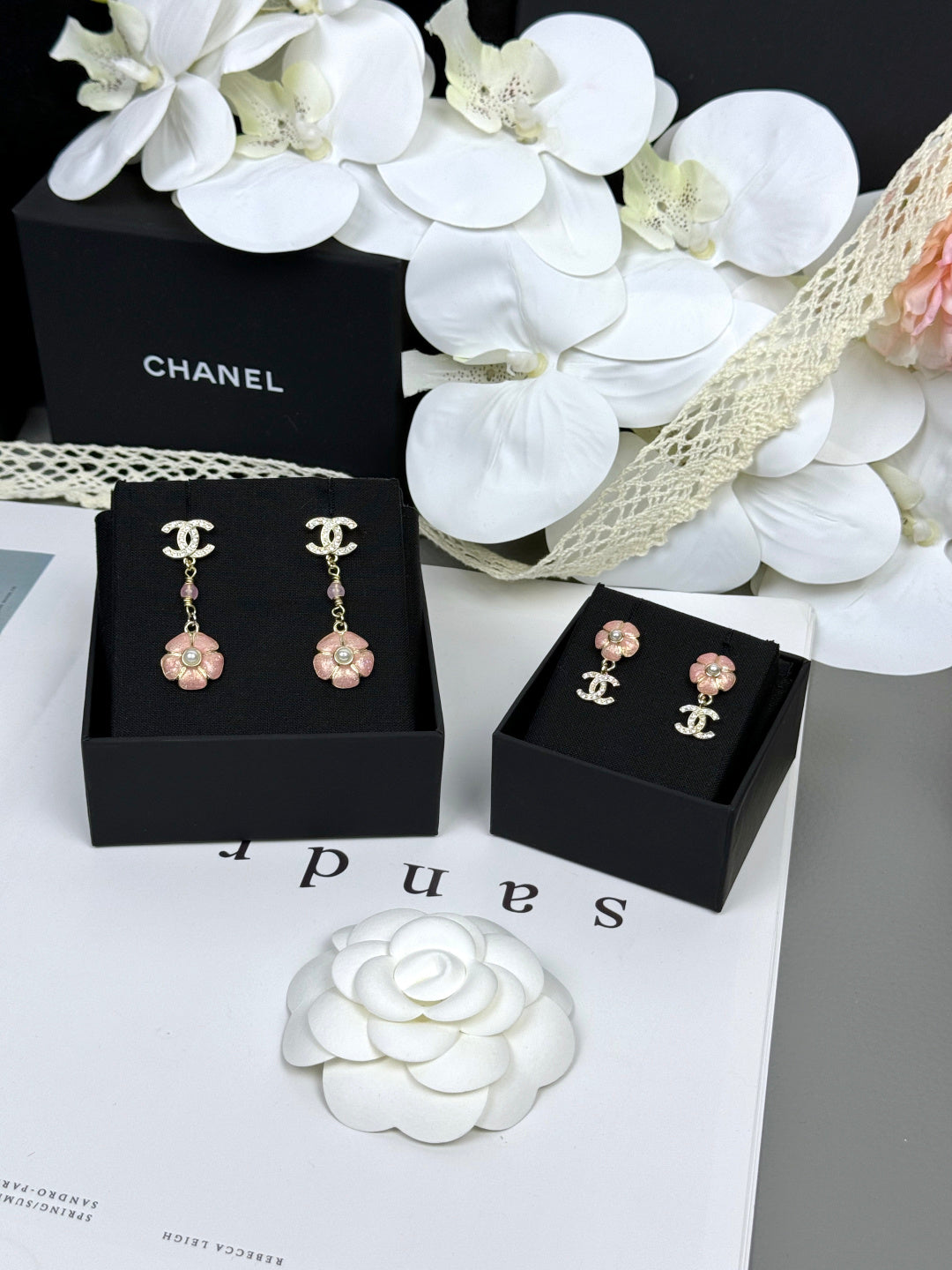 [⭐Shinejoy]26C Pink Camellia Enamel Pendant with Double C Earrings