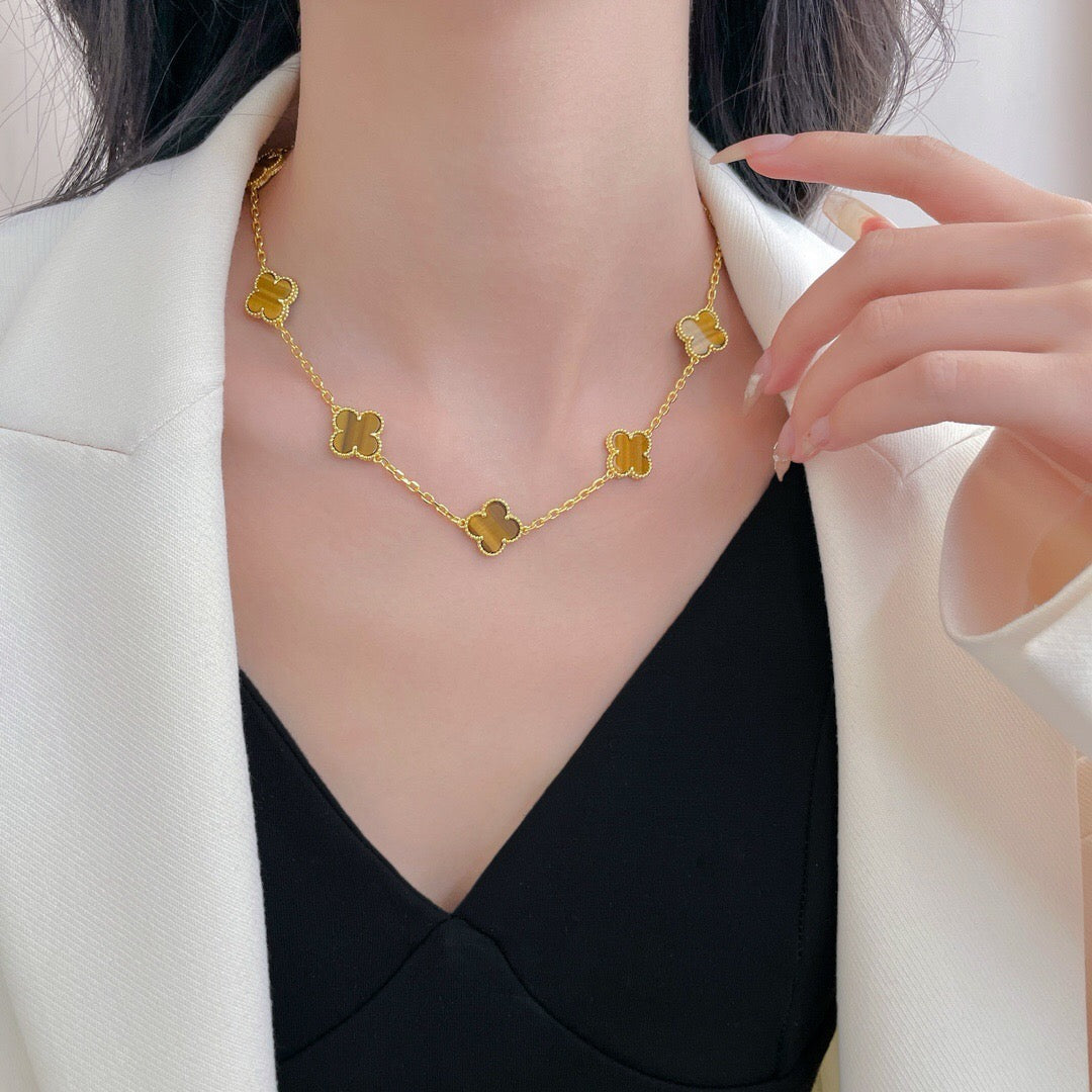 [⭐Shinejoy]CLOVER 10 MOTIFS TIGER EYE NECKLACE