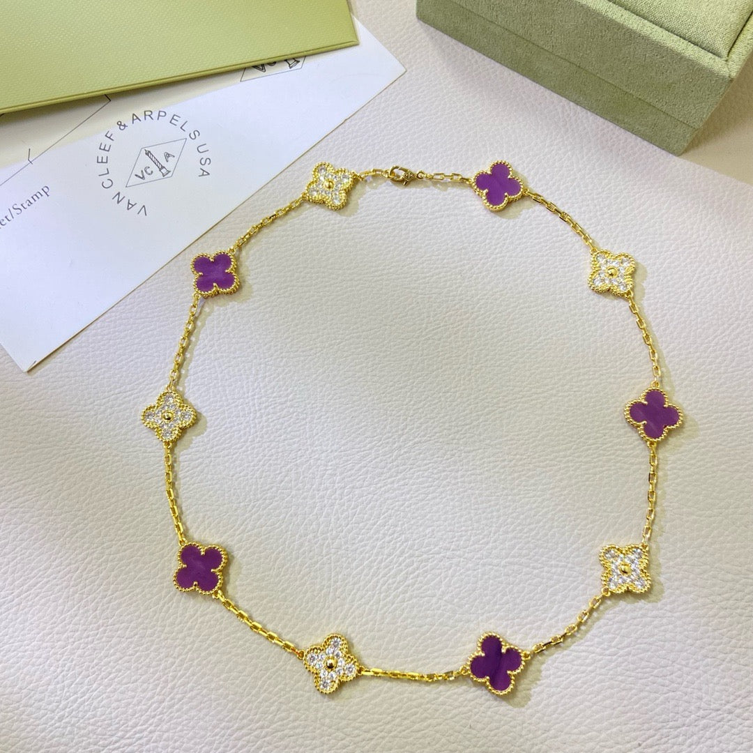 [⭐Shinejoy Jewelry]CLOVER 10 MOTIFS  PURPLE VIOLET DIAMOND NECKLACE