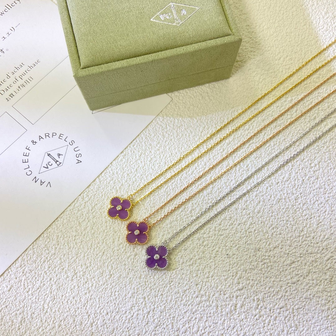 [⭐Shinejoy Jewelry]CLOVER 15MM DIAMOND  PURPLE VIOLET NECKLACE
