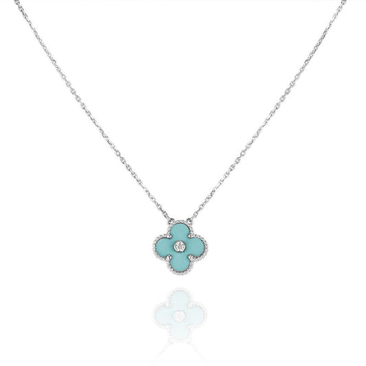 [⭐Shinejoy]CLOVER 1 DIAMOND LIGHT BLUE SILVER NECKLACE