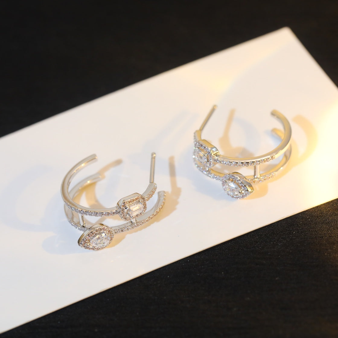 [⭐Shinejoy]CREOLES MY TWIN 2 RANGS SILVER DIAMOND EARRINGS