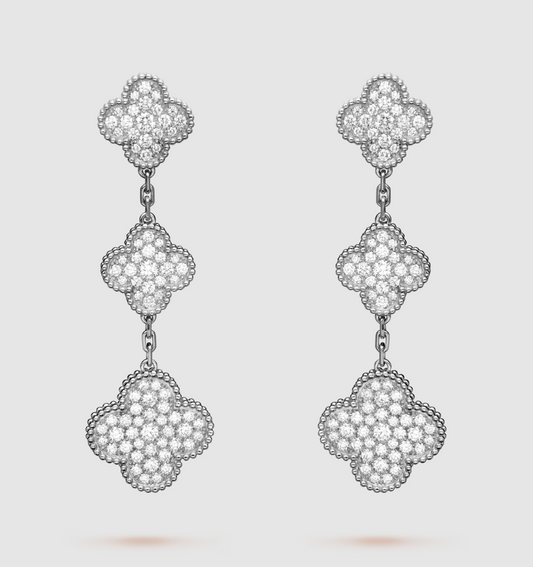 [⭐Shinejoy]CLOVER 3 MOTIF DIAMOND SILVER DROP EARRINGS